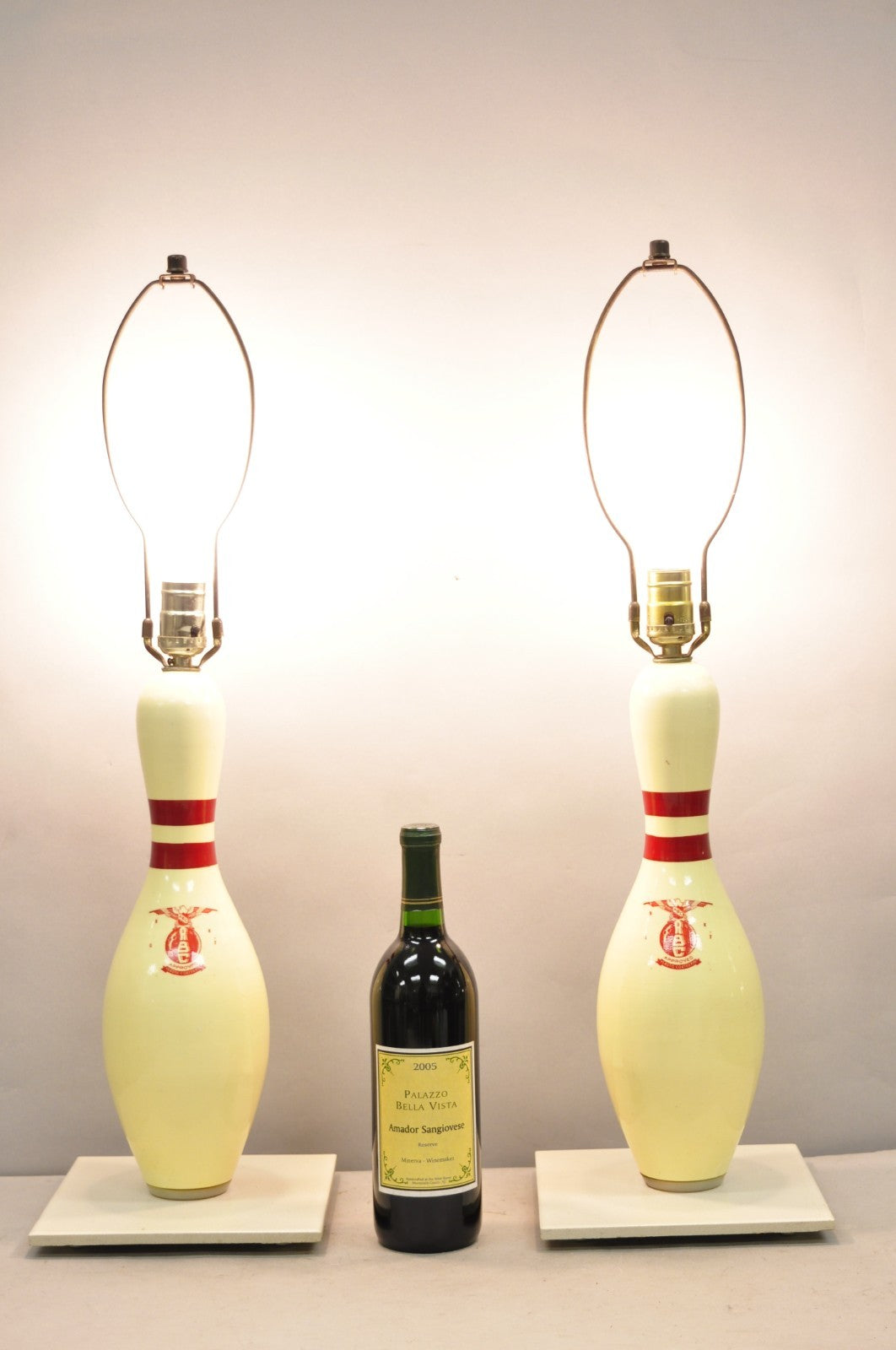 Vintage Mid Century Modern Bowling Pin Man Cave Game Room Table Lamps - a Pair
