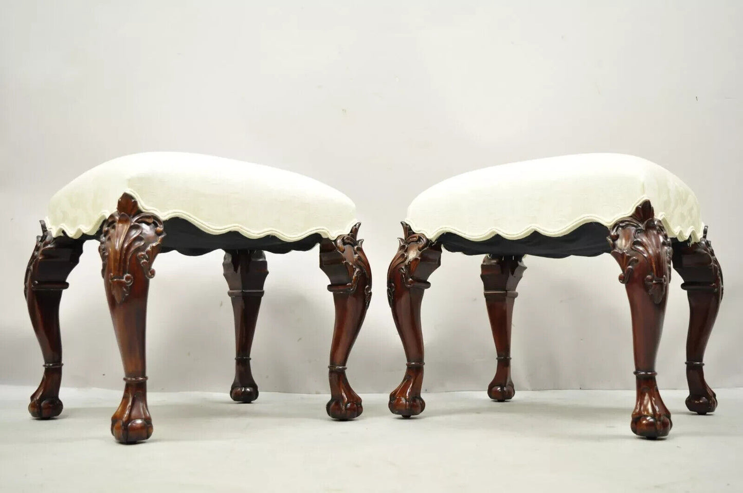 English Georgian Chippendale Style Carved Mahogany Ball and Claw Stools - Pair