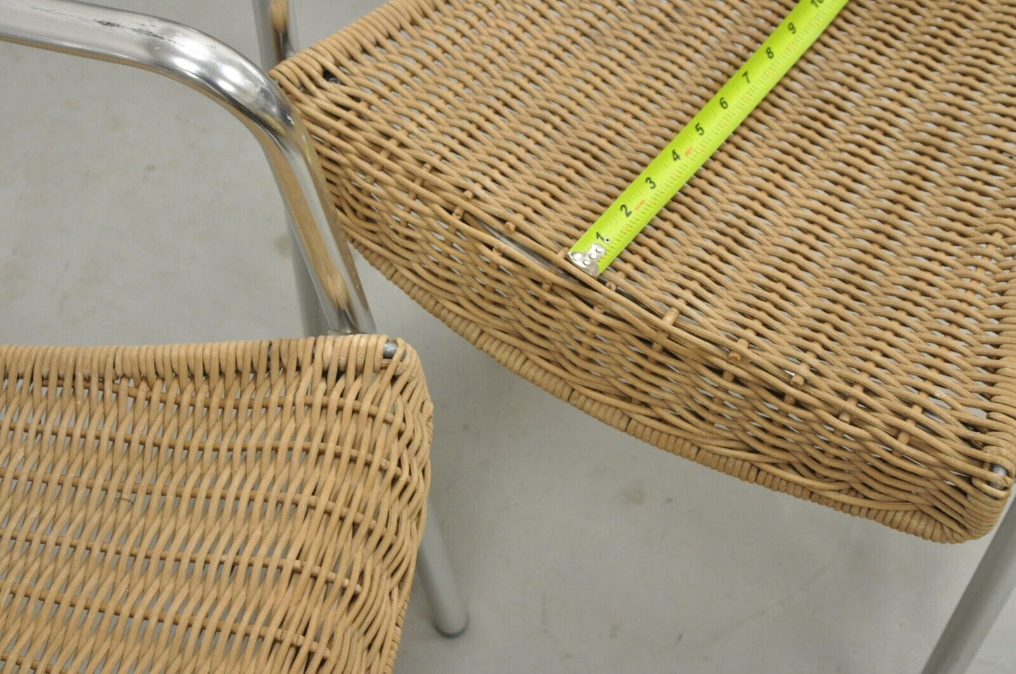 Modern Sculptural Aluminum Metal Rattan Silver Stacking Dining Chairs - Set of 4