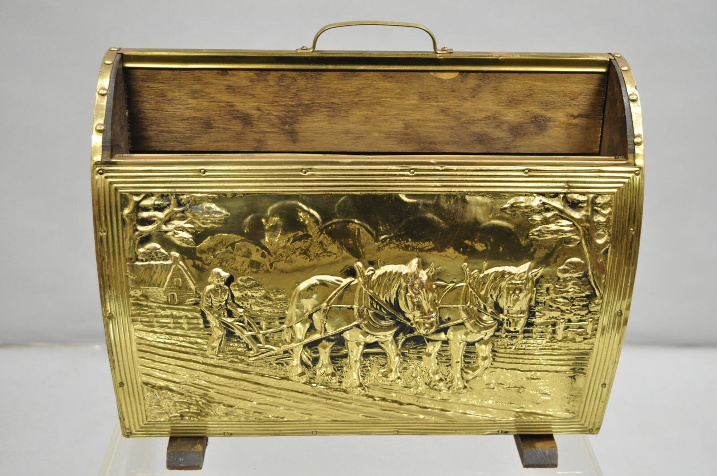 English Colonial Embossed Brass Farmer Horse-Drawn Plow Magazine Rack Holder