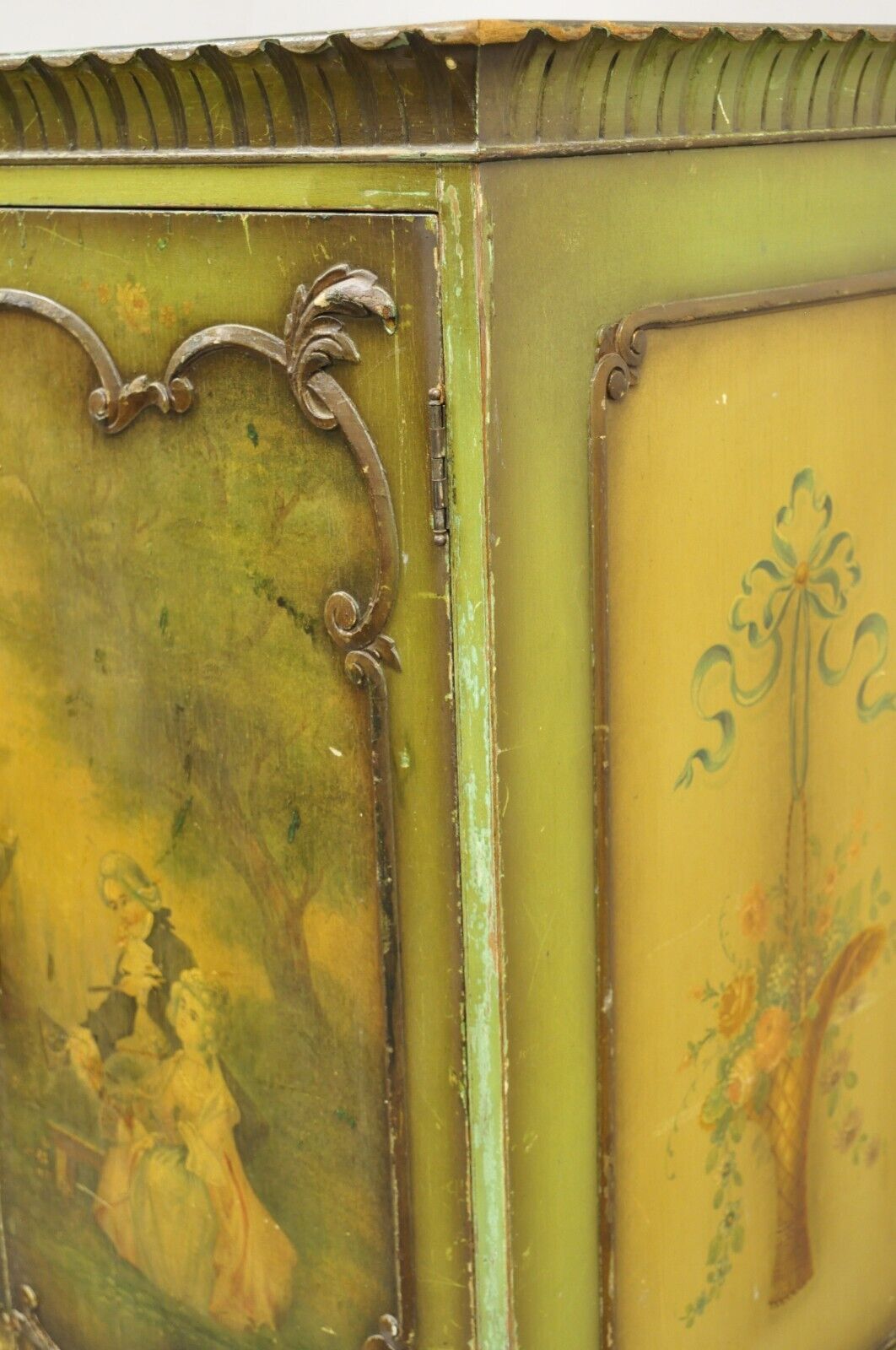 Antique French Renaissance Green Distress Painted Radio Cabinet Bar Cupboard