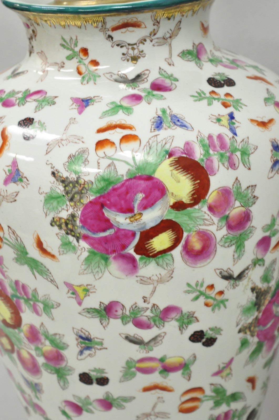 Vintage Chinoiserie Porcelain Jardinière Pink Flower Painted Large Table Lamp
