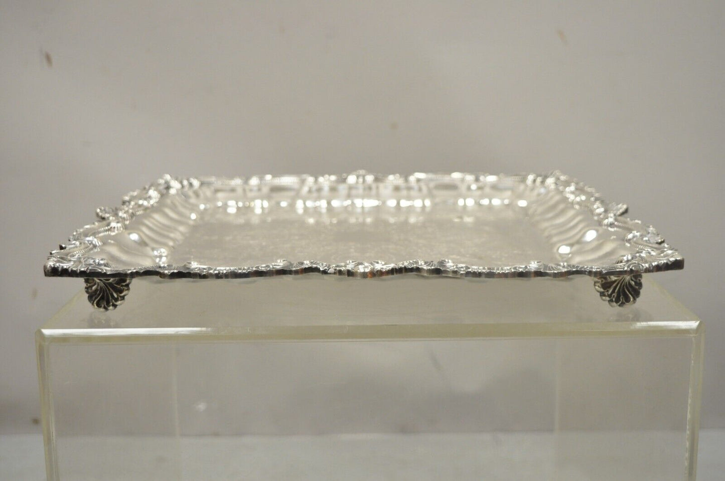 Chippendale by Wallace X 120 Silver Plate 16" Square Shell Platter Tray on Feet