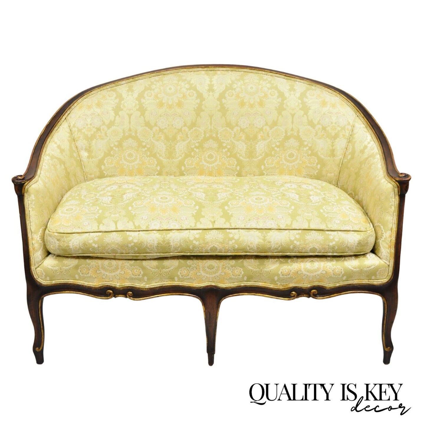 Vintage French Hollywood Regency Barrel Back Upholstered Loveseat Settee Sofa
