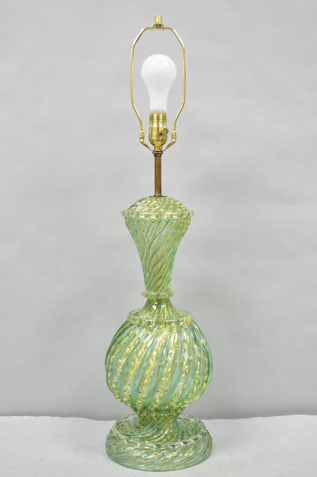Vintage Barovier & Toso Murano Italy Green Swirl Glass Gold Flecks Table Lamp