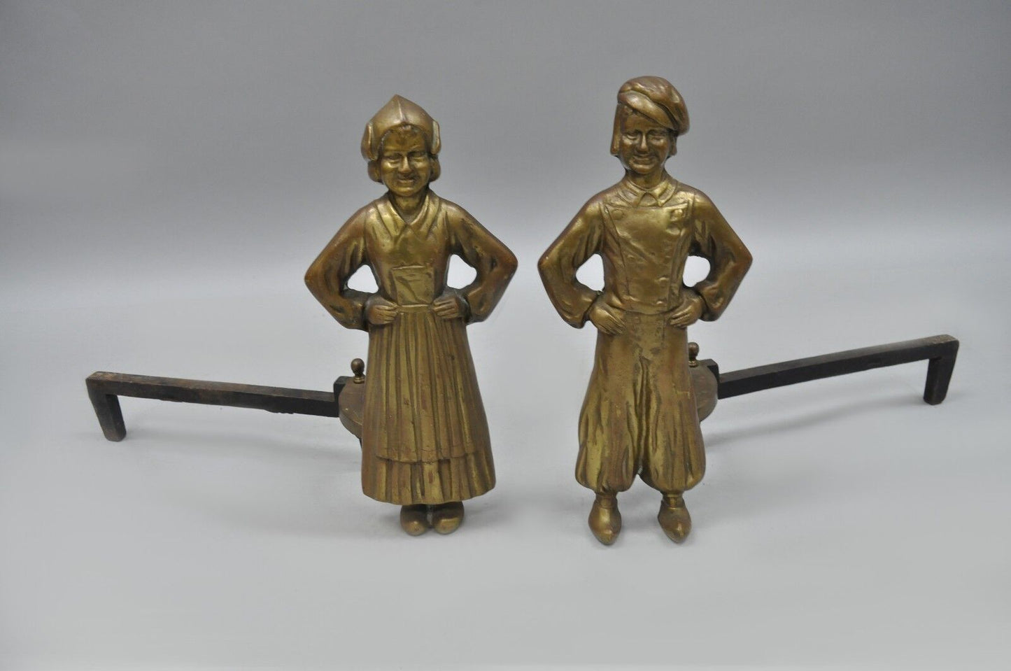 Antique Sheffield Dutch Boy and Girl Bronze & Cast Iron Fireplace Andiron - Pair