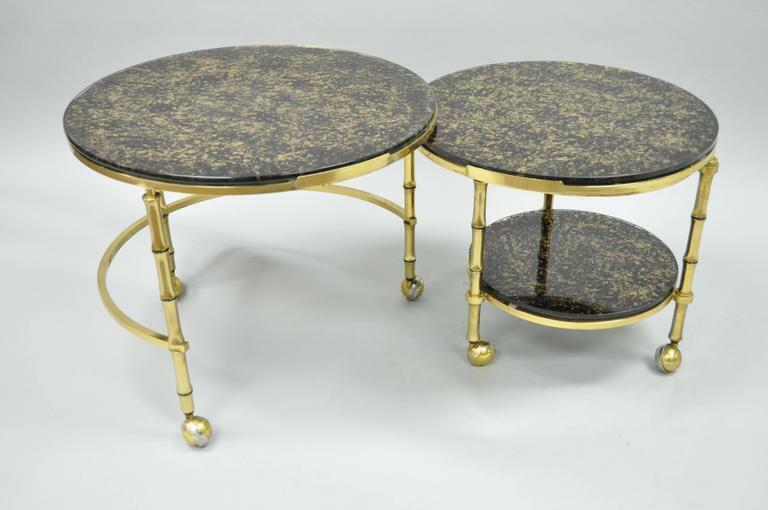 Hollywood Regency Brass & Glass Faux Bamboo Round Nesting Side Coffee Table