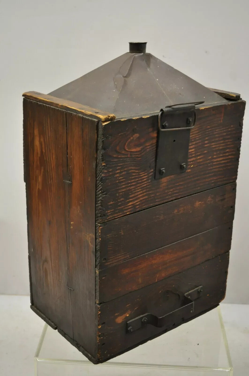 Antique Tin Metal Export Transport 5 Gallon Canister Container with Wood Case