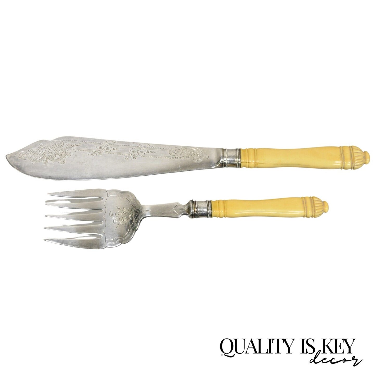 Antique English Victorian Floral Engraved Fish Knife & Fork Set Celluloid Handle