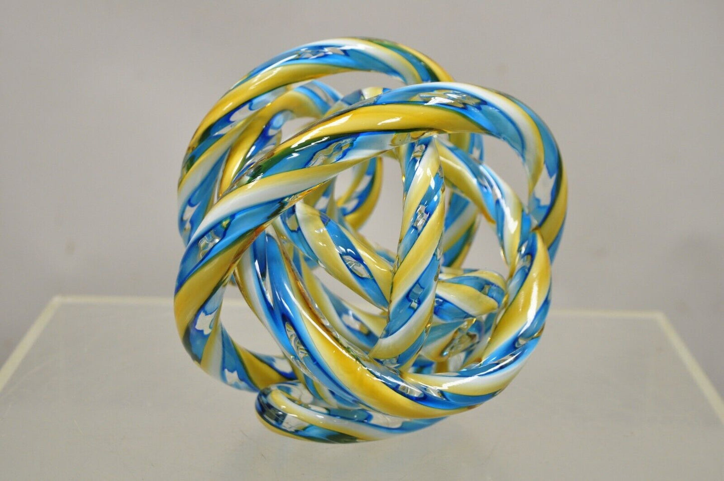 Murano Art Glass Swirl 8" Infinity Knot of Love Blue and Yellow