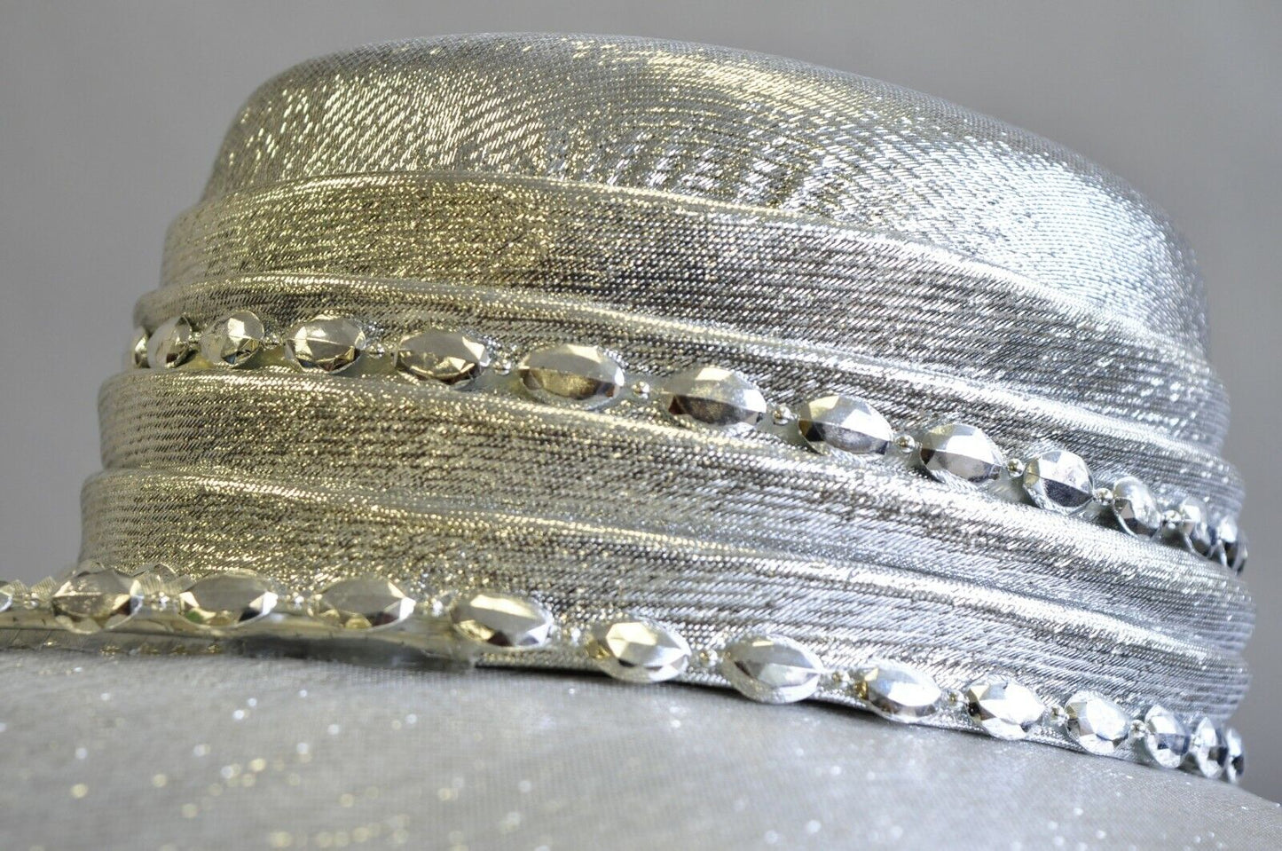 Vintage Mr. John Classic Metallic Silver Church Derby Wide Brim Hat with Feather