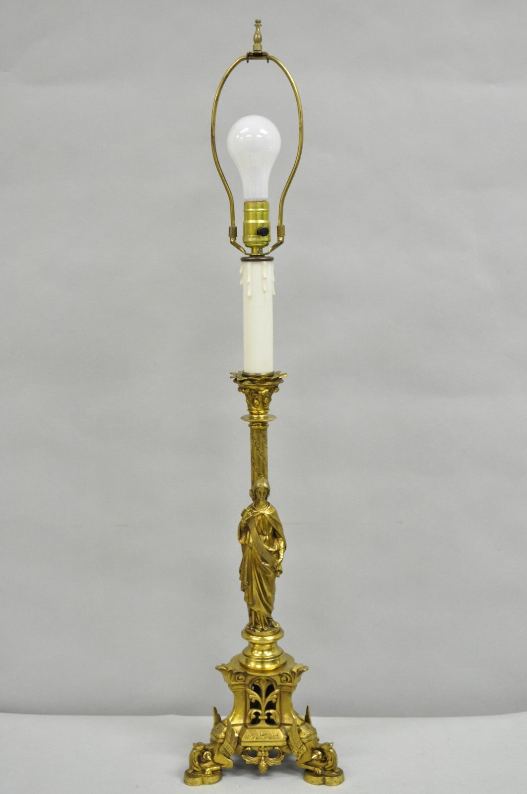 Antique French Empire Renaissance Bronze Maiden Candlestick Table Lamp