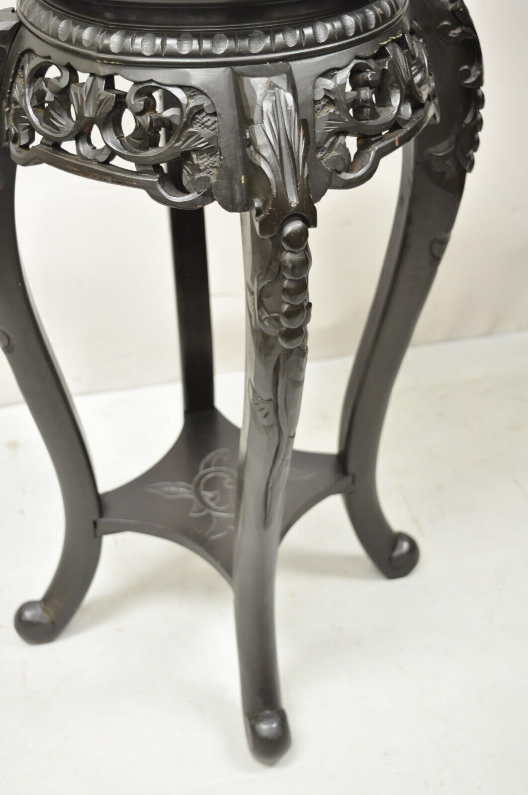 Japanese Carved Wood Black Ebonized 29" Plant Stand Side Table Lacquer Top