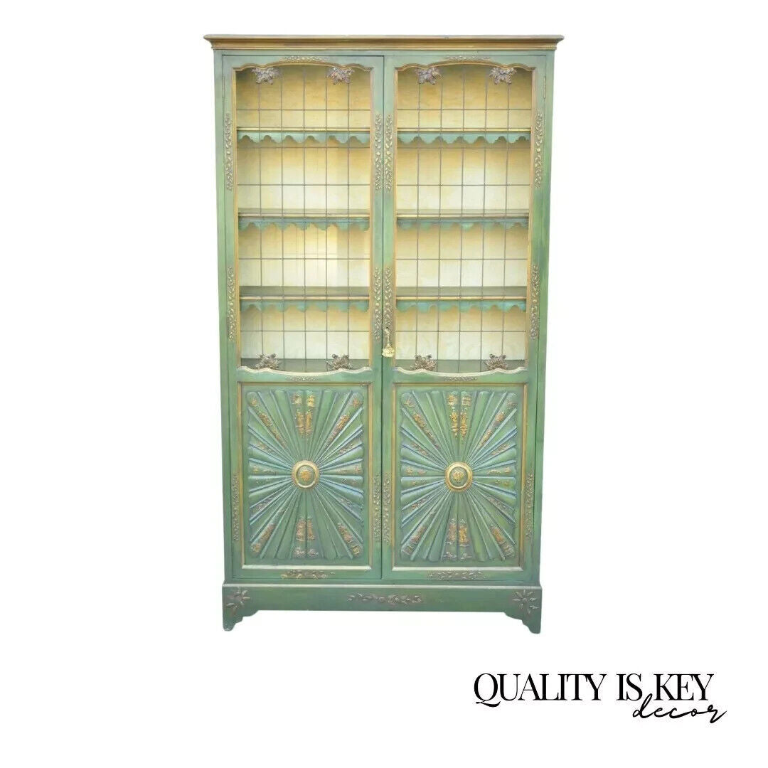 English Chinoiserie Green Distress Painted Tall George III Curio Display Cabinet