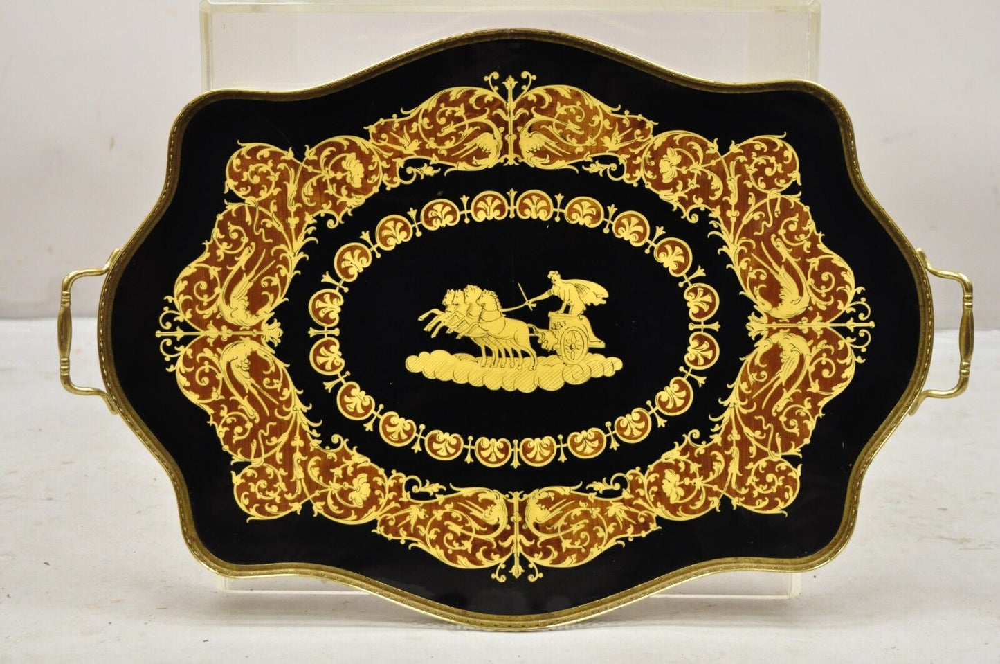 Vintage Italian Lacquered Wood and Brass Chariot Marquetry Inlay Serving Tray