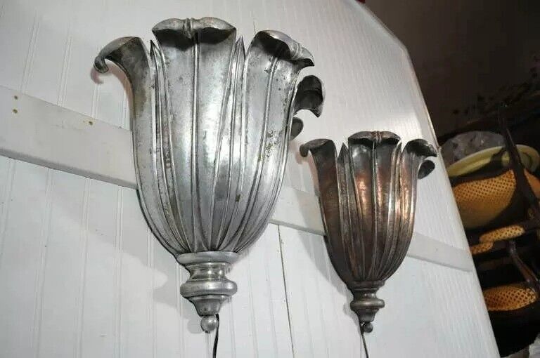 French Art Deco Hand Hammered Copper Lotus Up Light Sconces attr. Maison Jansen