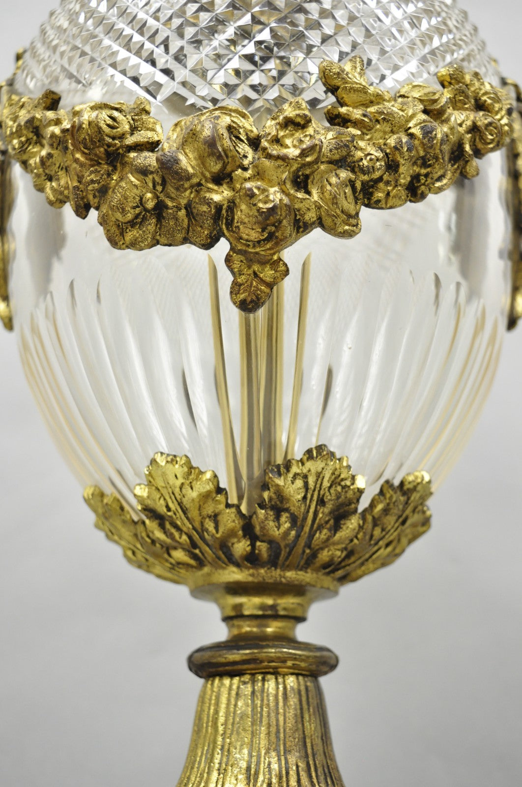 Antique French Neoclassical Bronze Lion Ormolu Diamond Cut Glass Urn Table Lamp