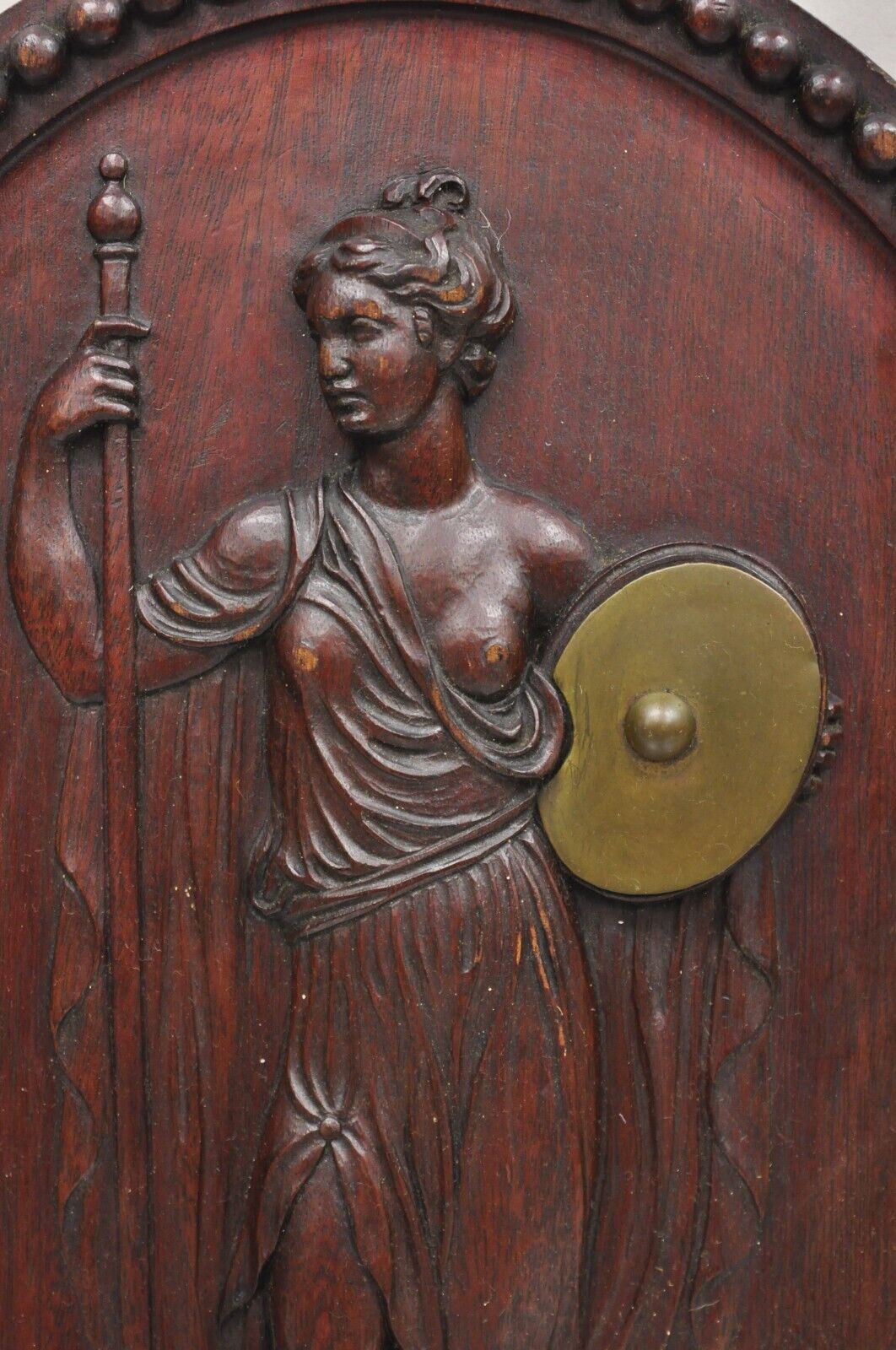 Antique Classical Oval Carved Mahogany Figural Goddess Wall Sculpture Plaque