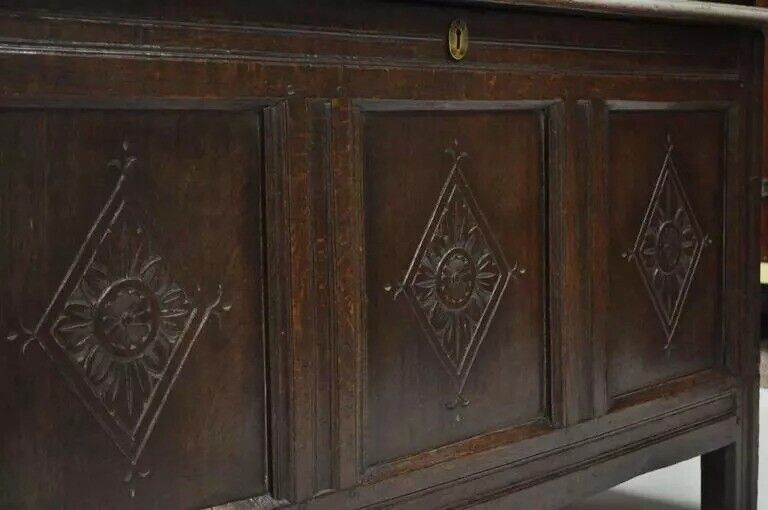 19th C. European Renaissance 3 Panel Solid Oak Wood Coffer Blanket Chest Trunk