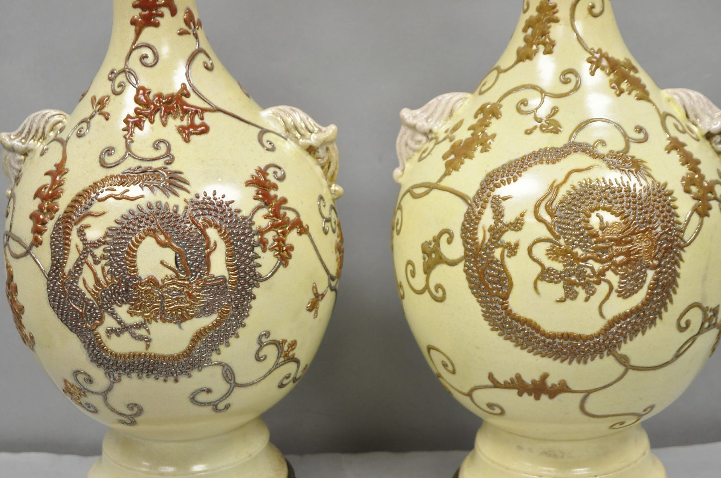 Antique Japanese Ceramic Beige Figural Dragon Vase Form Table Lamps - a Pair