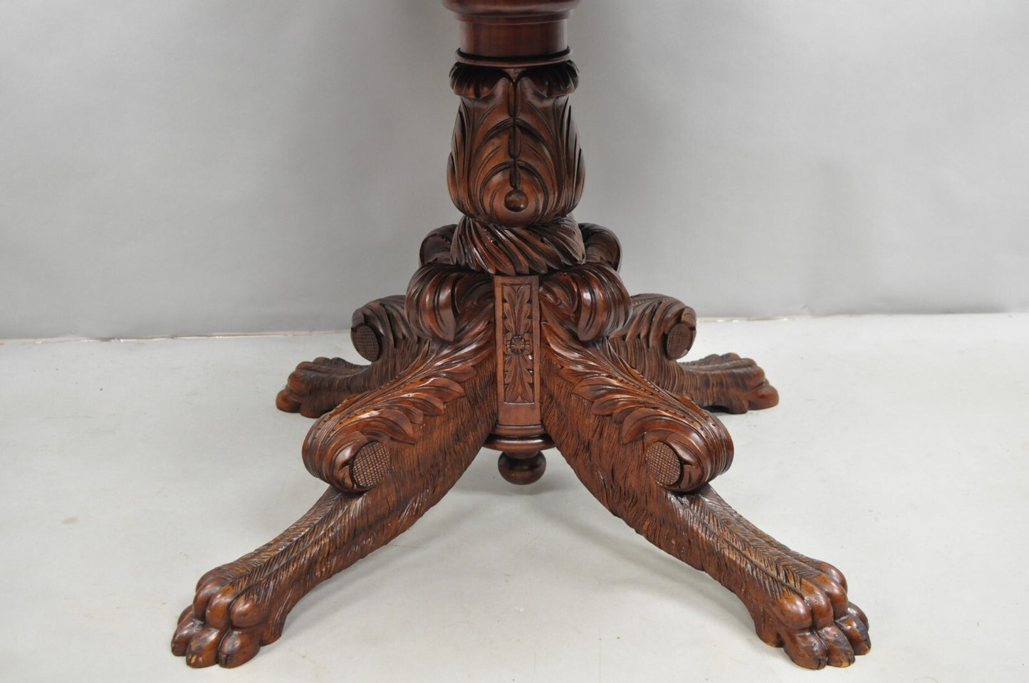Antique French Empire Carved Mahogany Paw Foot Pedestal Base Round Center Table