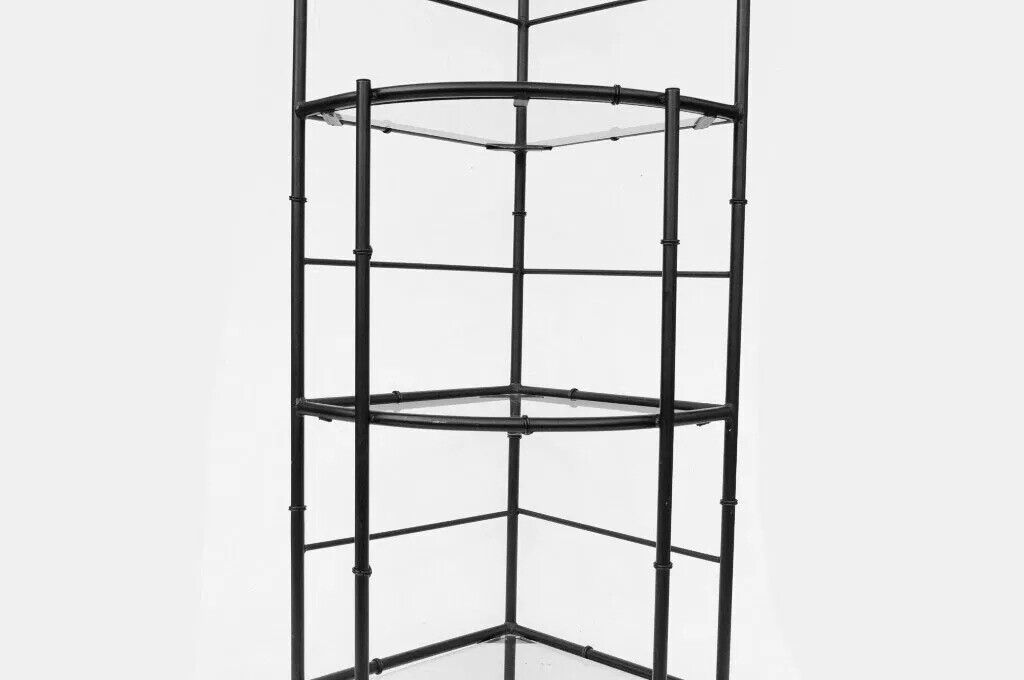 Vintage Hollywood Regency Iron Metal Faux Bamboo Corner Bakers Rack Etagere