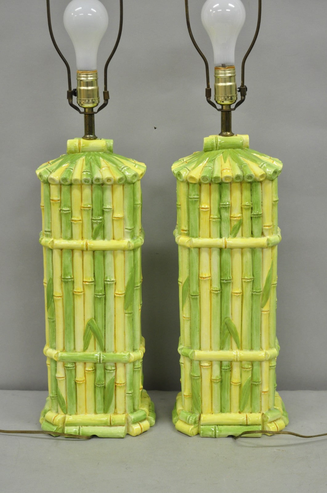 Vintage Hollywood Regency Green & Yellow Ceramic Faux Bamboo Table Lamps - Pair