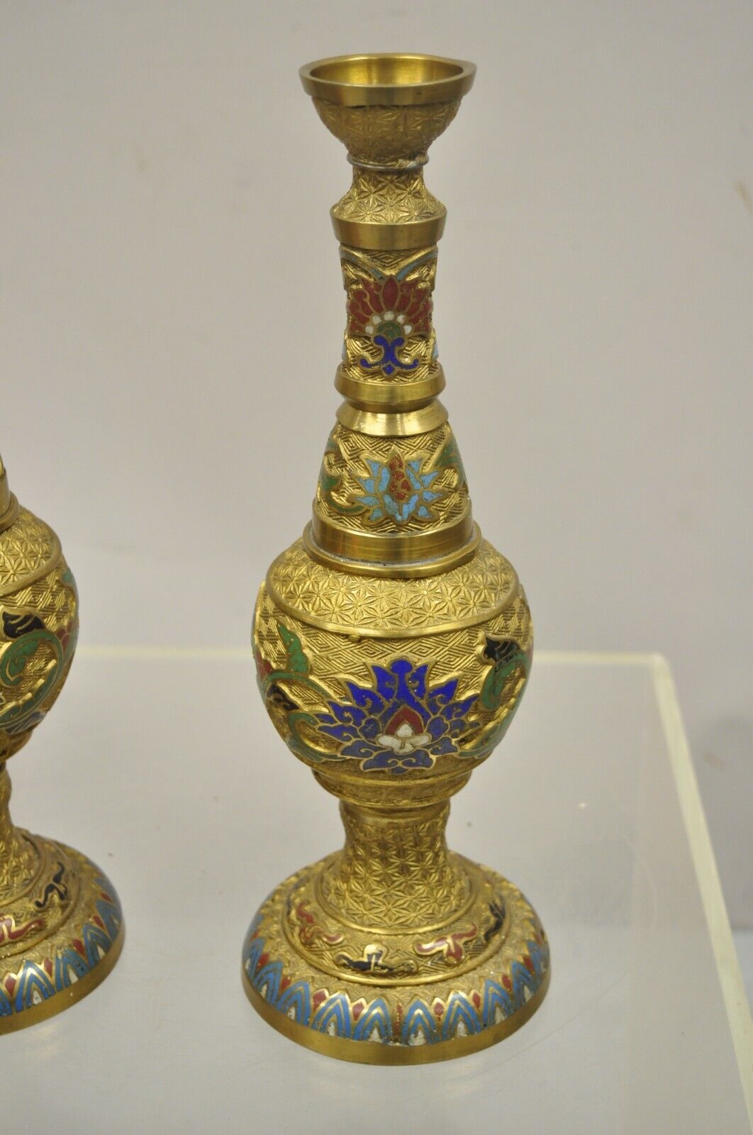 Vintage Japanese Cloisonne Enamel 13" Bronze Candlesticks Lamp Base - a Pair