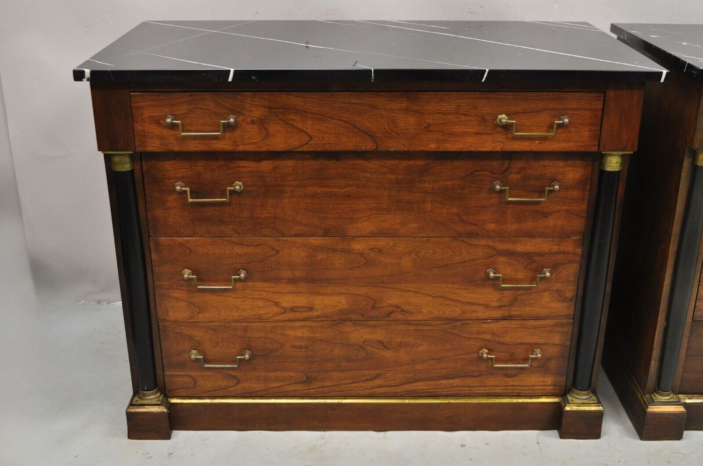 French Empire Neoclassical Style Marble Top Cherry Wood Commode Chest - a Pair