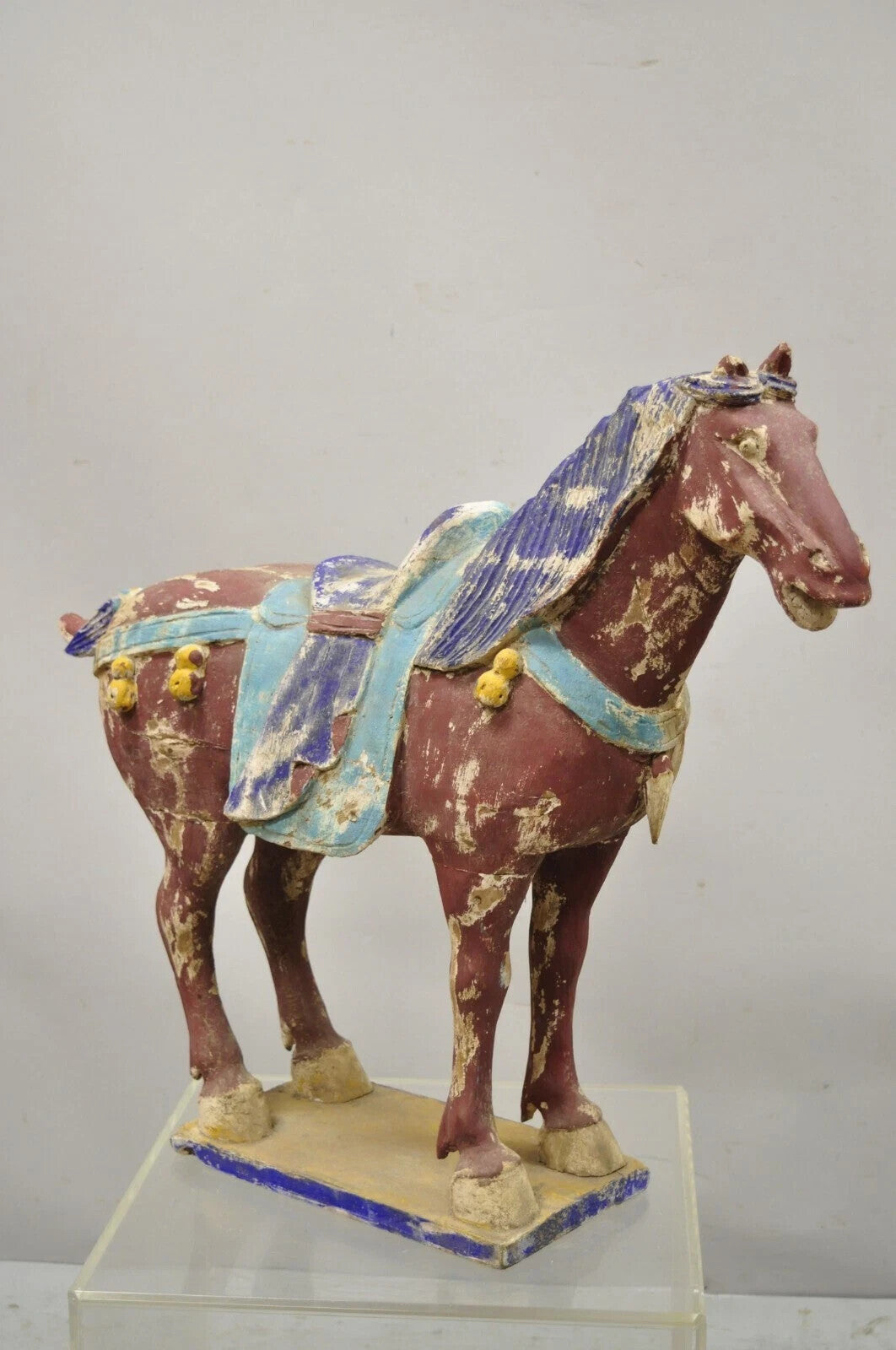 Chinese Polychrome Wooden Carved Wood 29" Tang Horse Sculpture Statue Red Figure