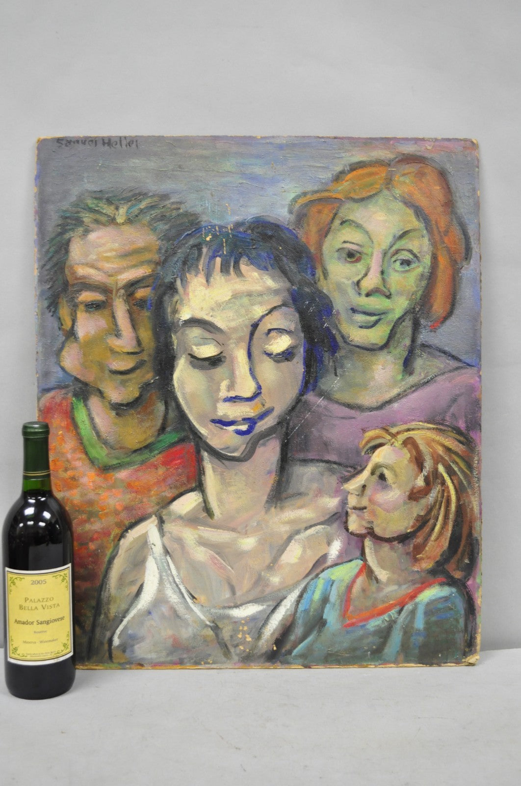 Vintage Samuel Heller "Family Portrait w/ Child B" Oil on Board Painting Signed