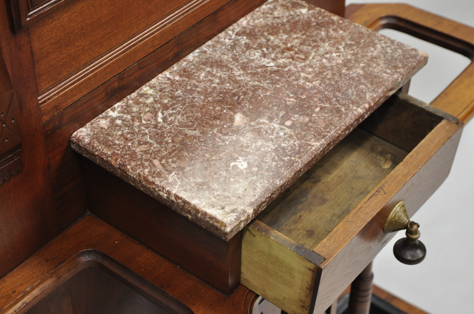 Antique Eastlake Victorian Walnut Marble Top Umbrella Stand Hall Tree Mirror
