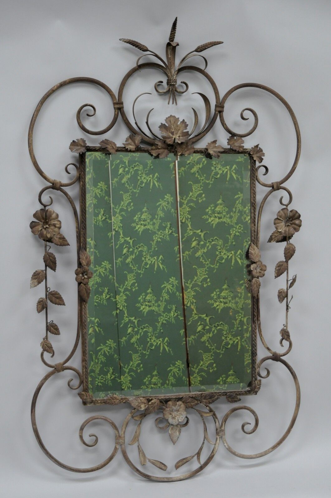 Italian Hollywood Regency Iron Tole Metal Wheat Sheaf Scroll Wall Mirror 50 x 31