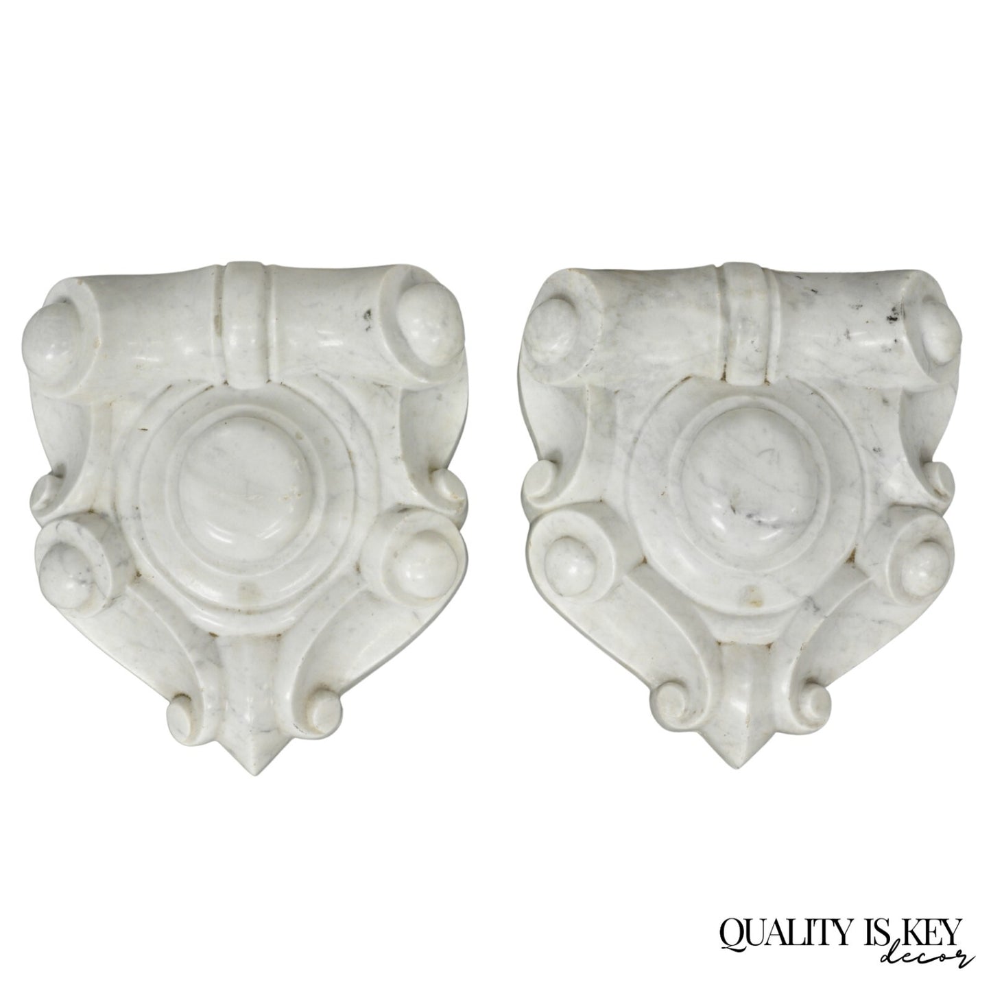 Antique Neoclassical Carved Marble Mantel Keystone Architectural Element - Pair