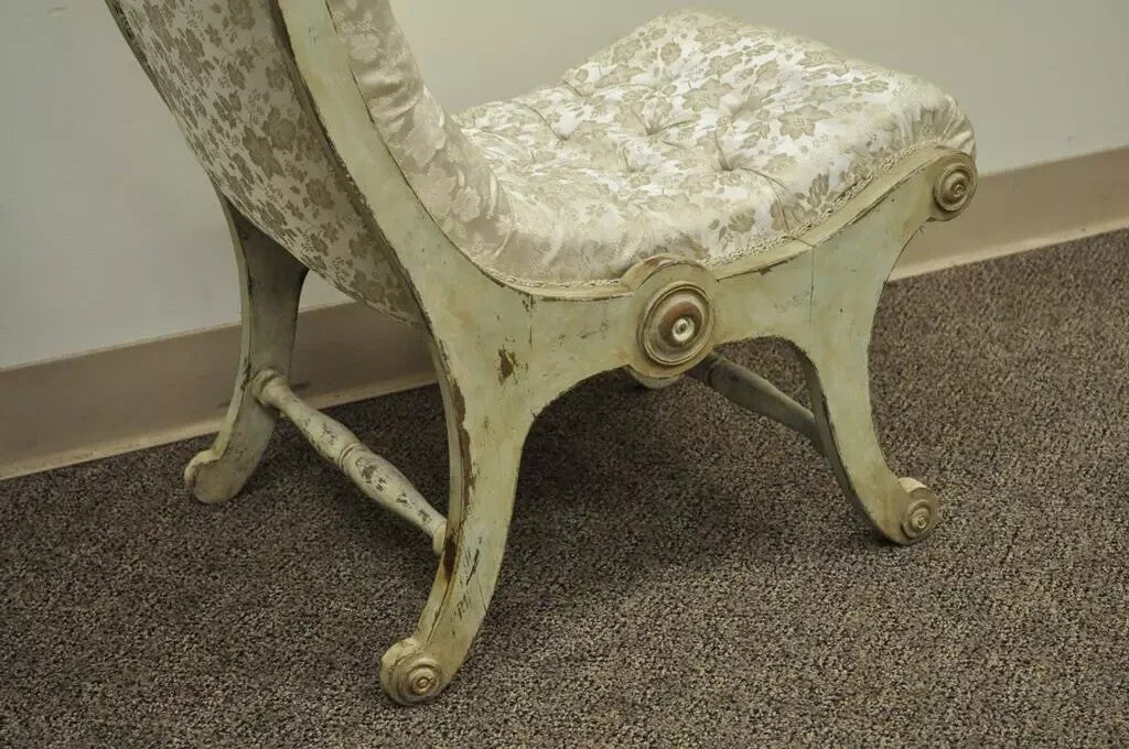 Vintage Carved Wood Japanese Obi Slipper Side Chair w/ Distress Painted Finish