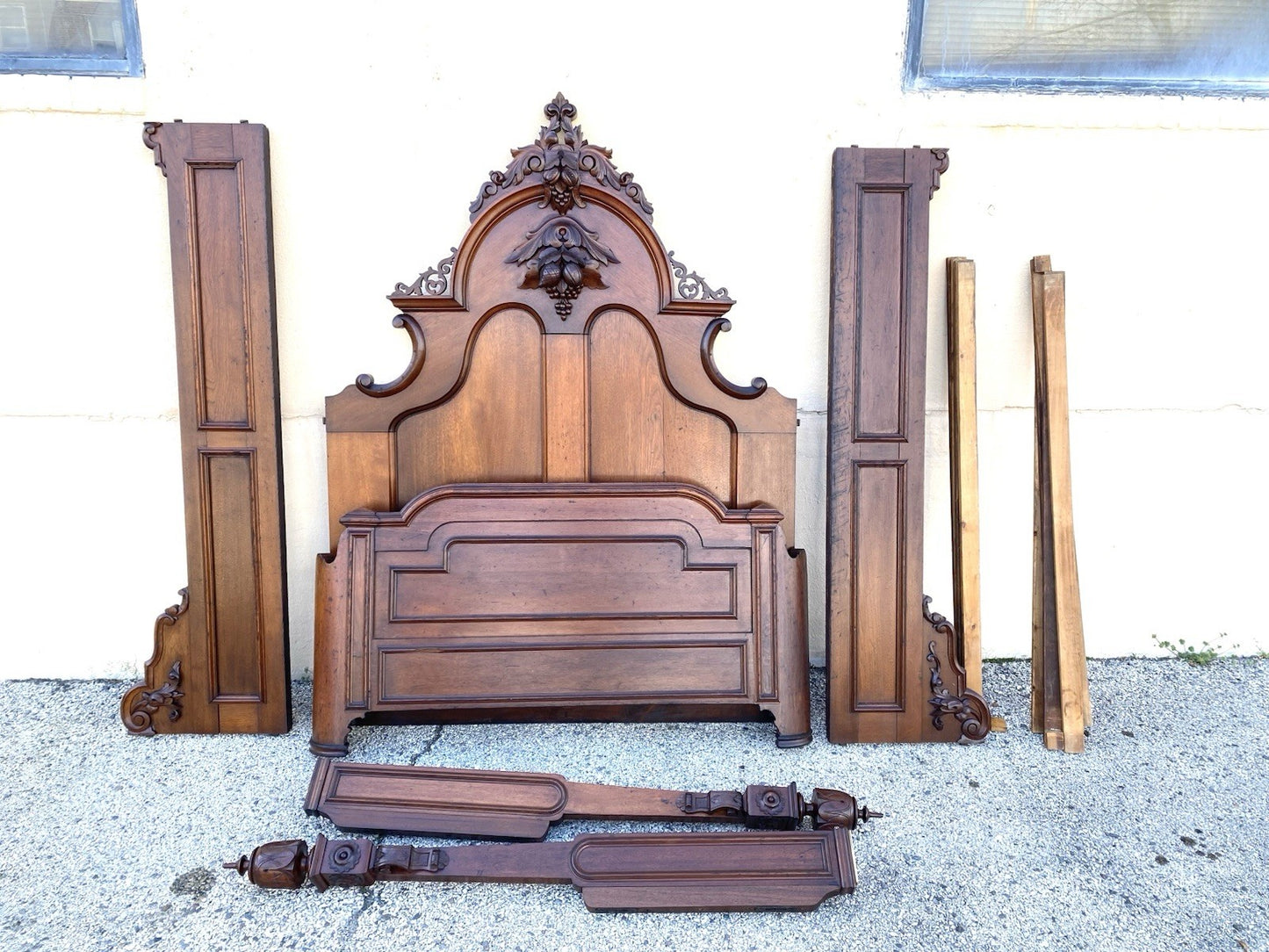 Antique Eastlake Victorian Stately Carved Walnut Highback Full Size Bed Frame