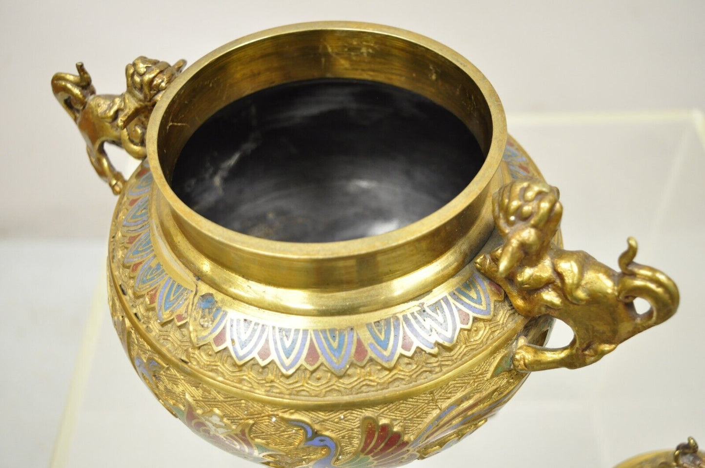 Vintage Japanese Cloisonne Enamel Champleve Bronze Foo Dog Incense Burner