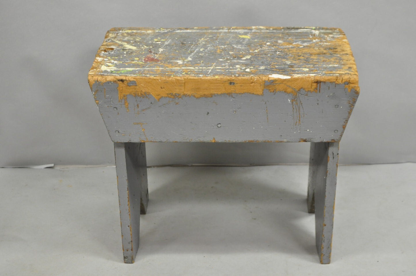 Antique French Country Primitive Gray Painted Paint Splattered Work Bench Stool