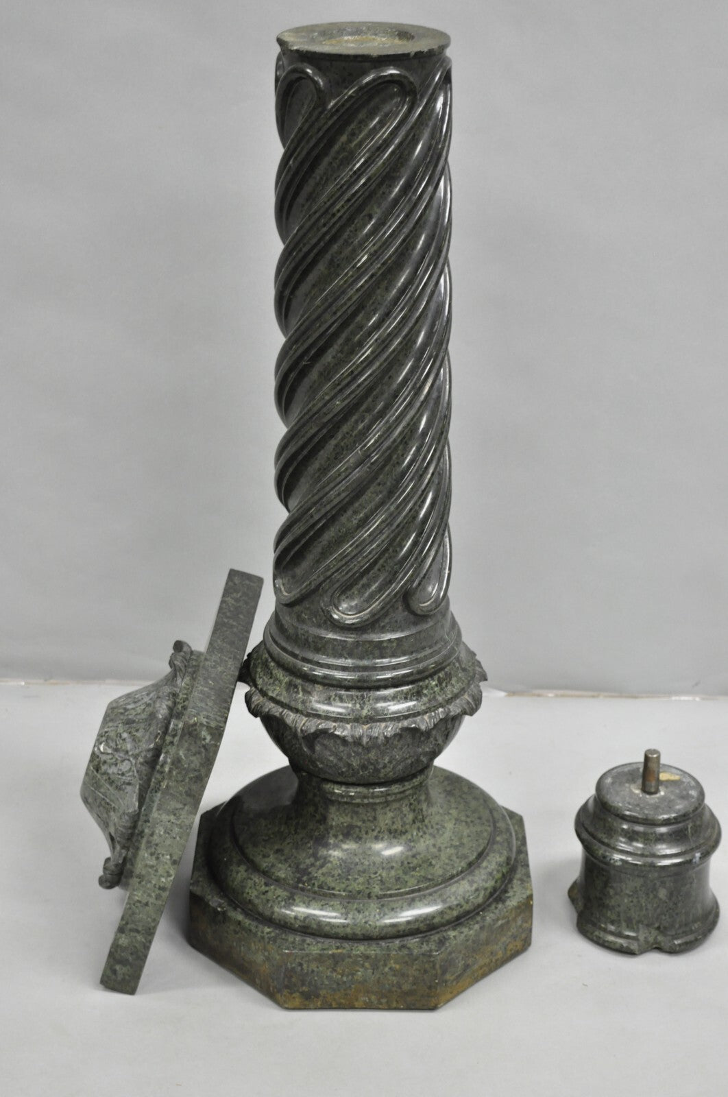 Antique Italian Green Marble Empire Classical Spiral Carved Column Pedestal