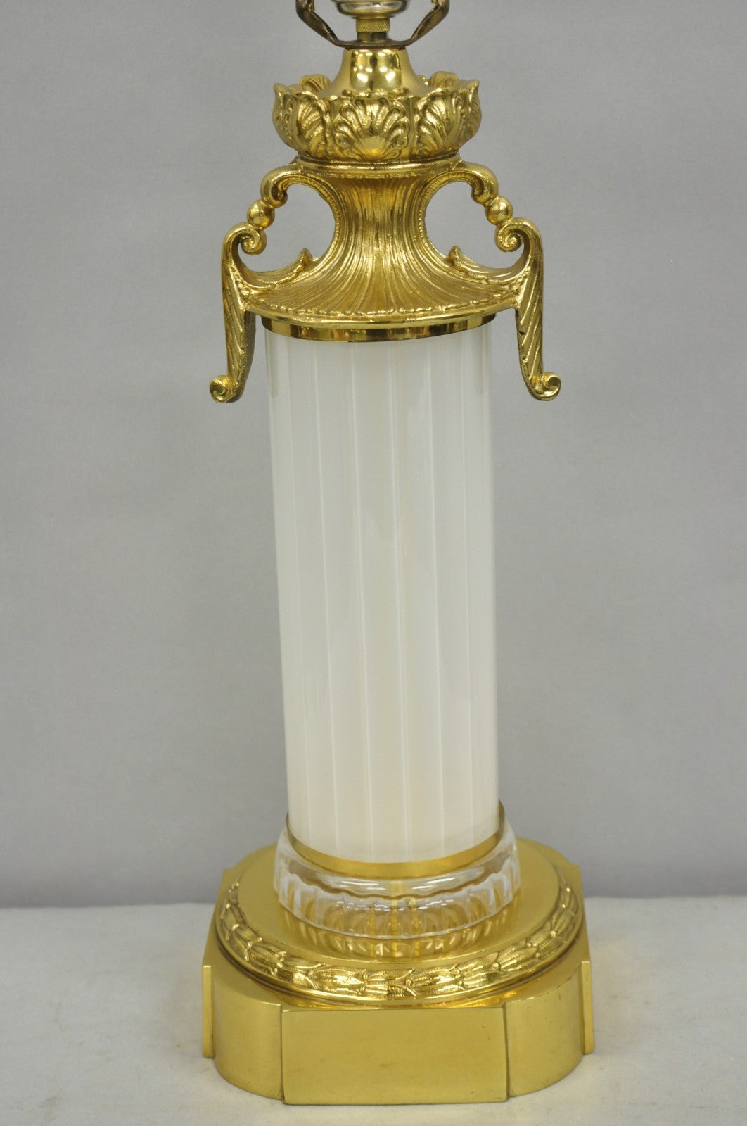 Vintage French Empire Style Ribbed Glass Column Gold Table Lamp Made in Poland