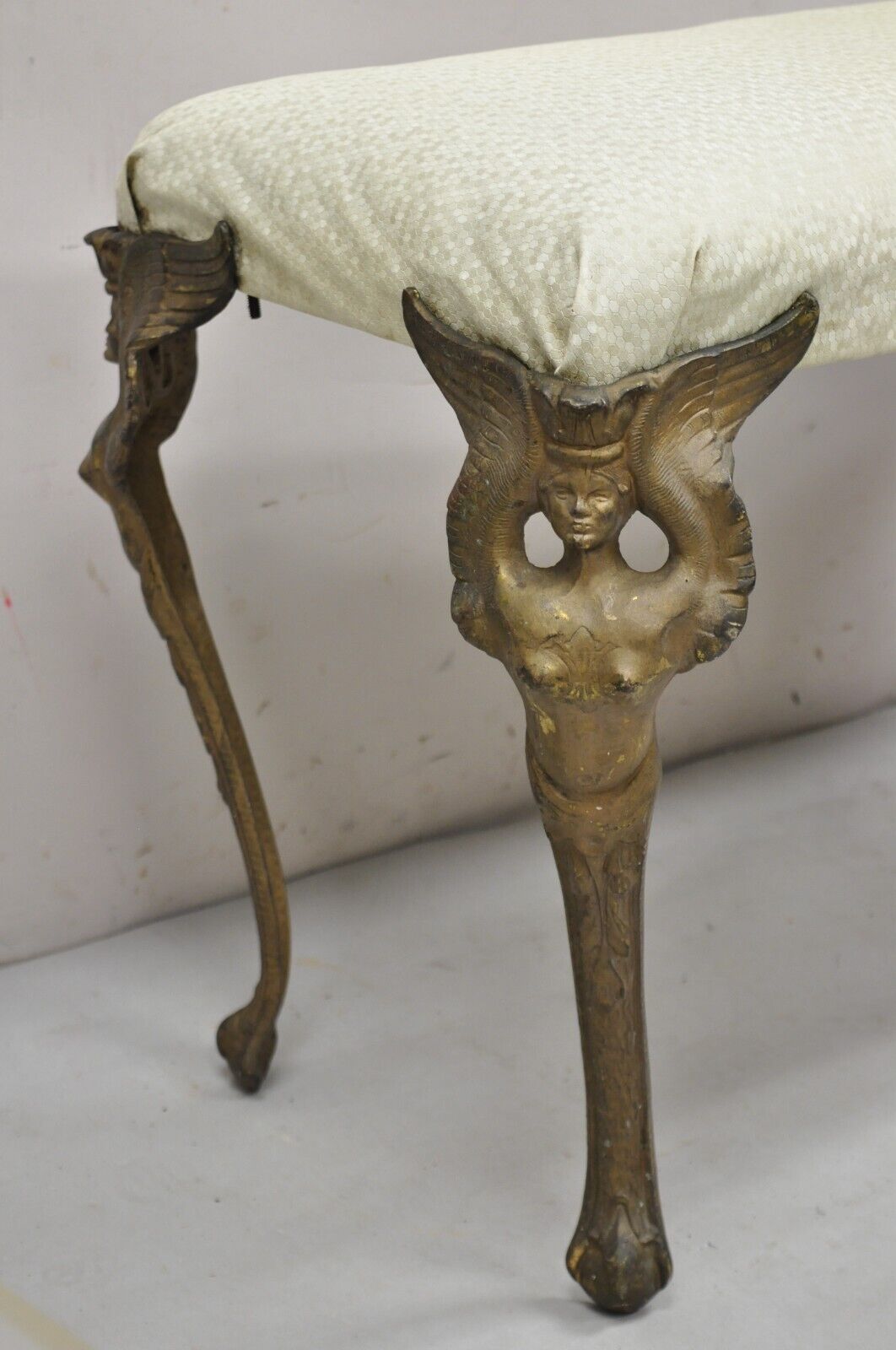 Antique French Art Deco Figural Bench With Cast Iron Winged Women Legs