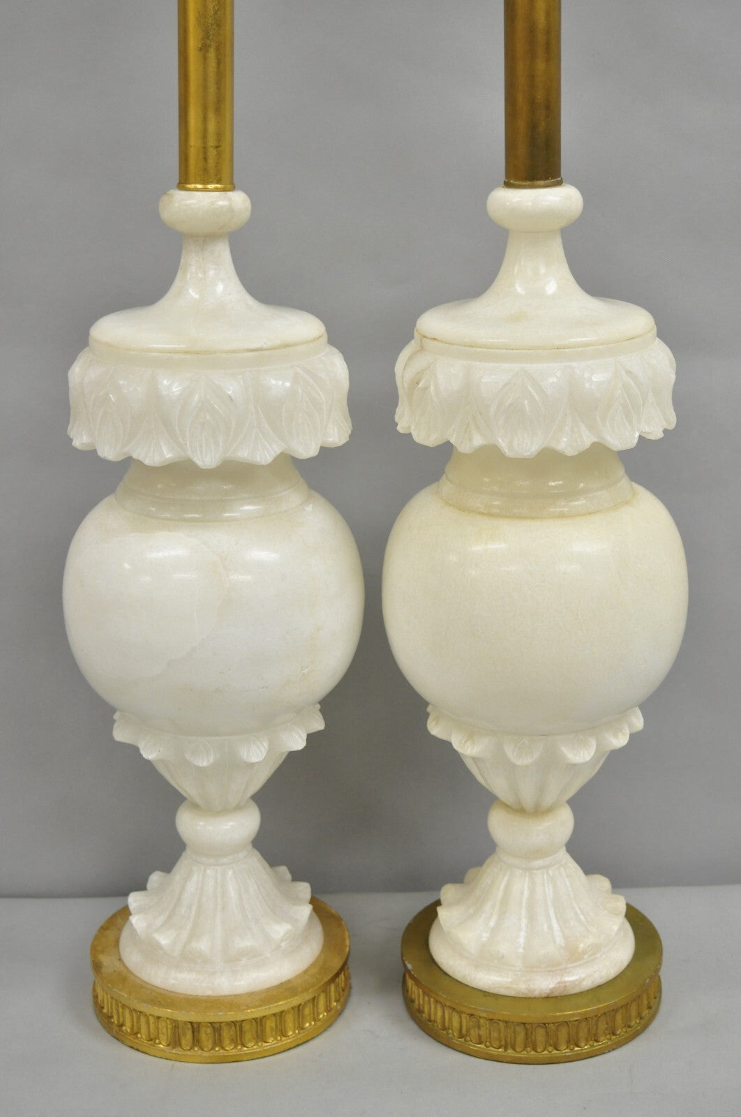 Neoclassical Large Carved Solid Alabaster Marble Leaf Bulbous Table Lamps Pair