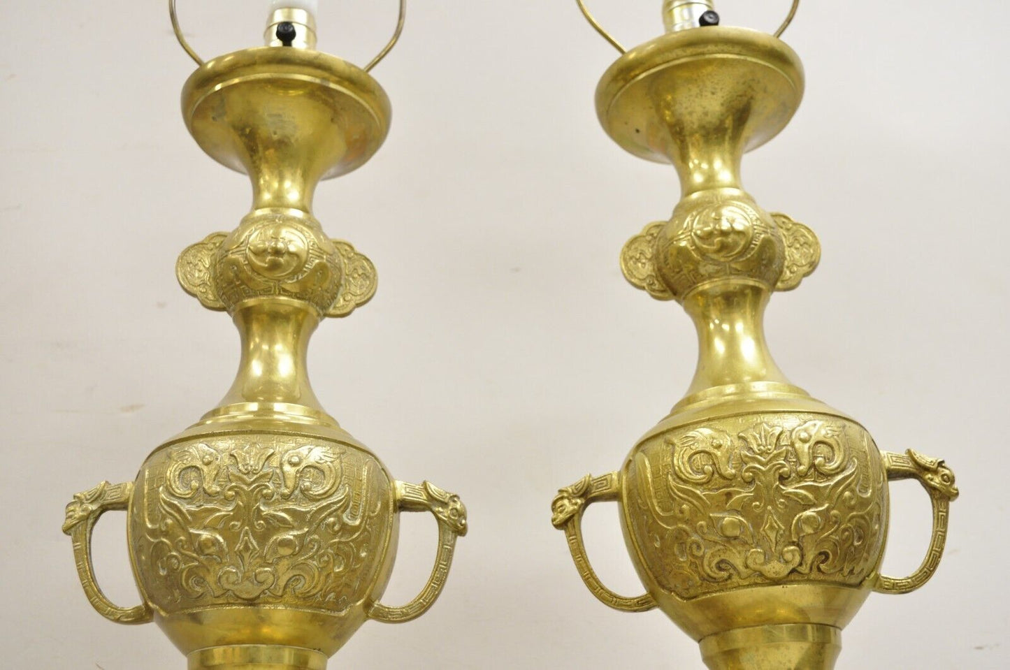 Vintage Chinoiserie James Mont Style Brass Chinese Foo Dog Table Lamps - a Pair
