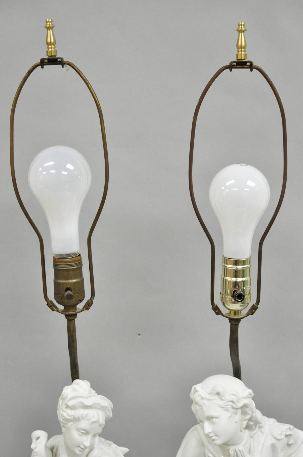 Victorian White Parian Porcelain Figural Bisque Man and Woman Table Lamps, Pair