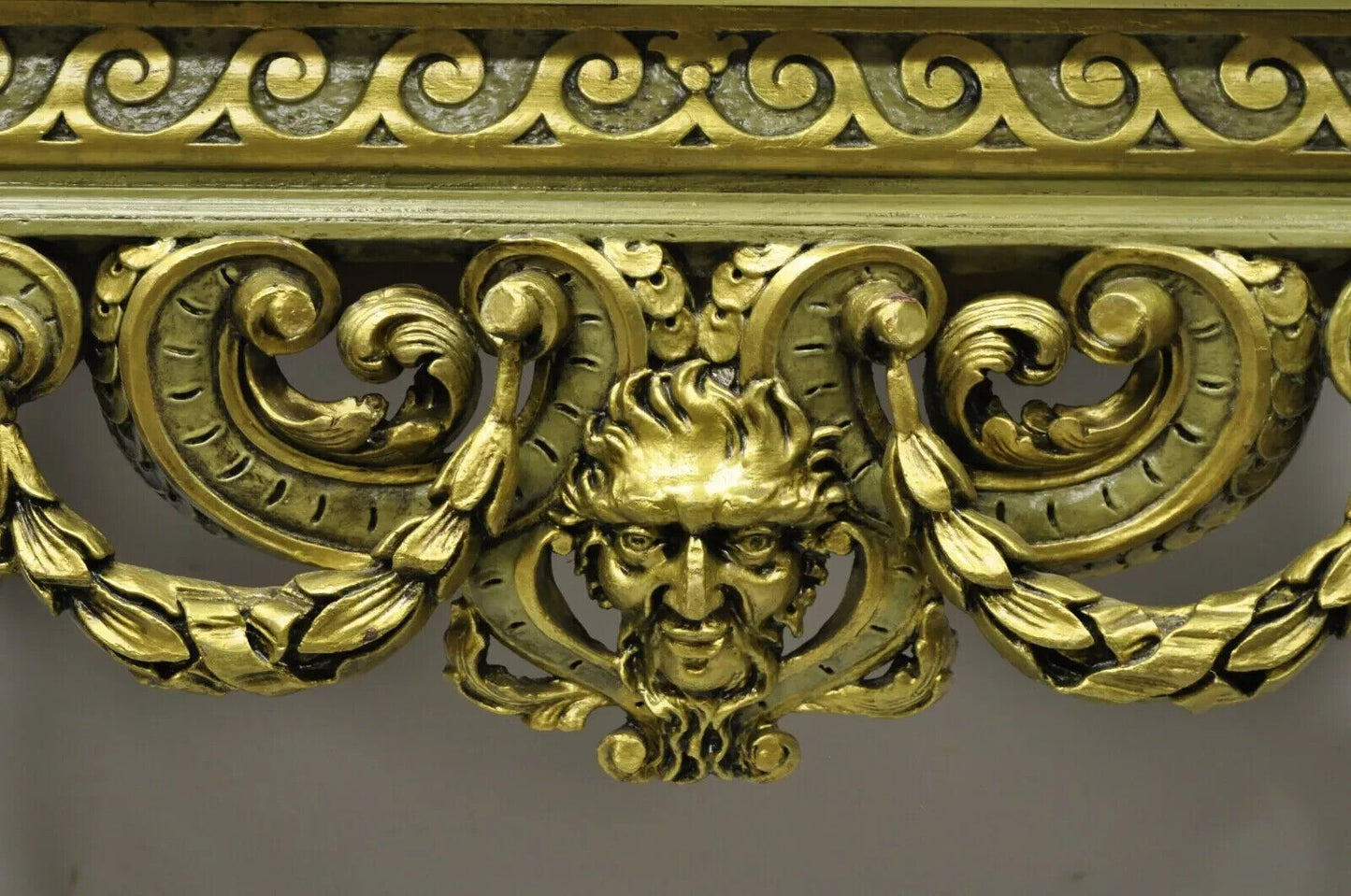 Vintage French Baroque Green Gold Gilt Figural Carved Slate Top Console Table