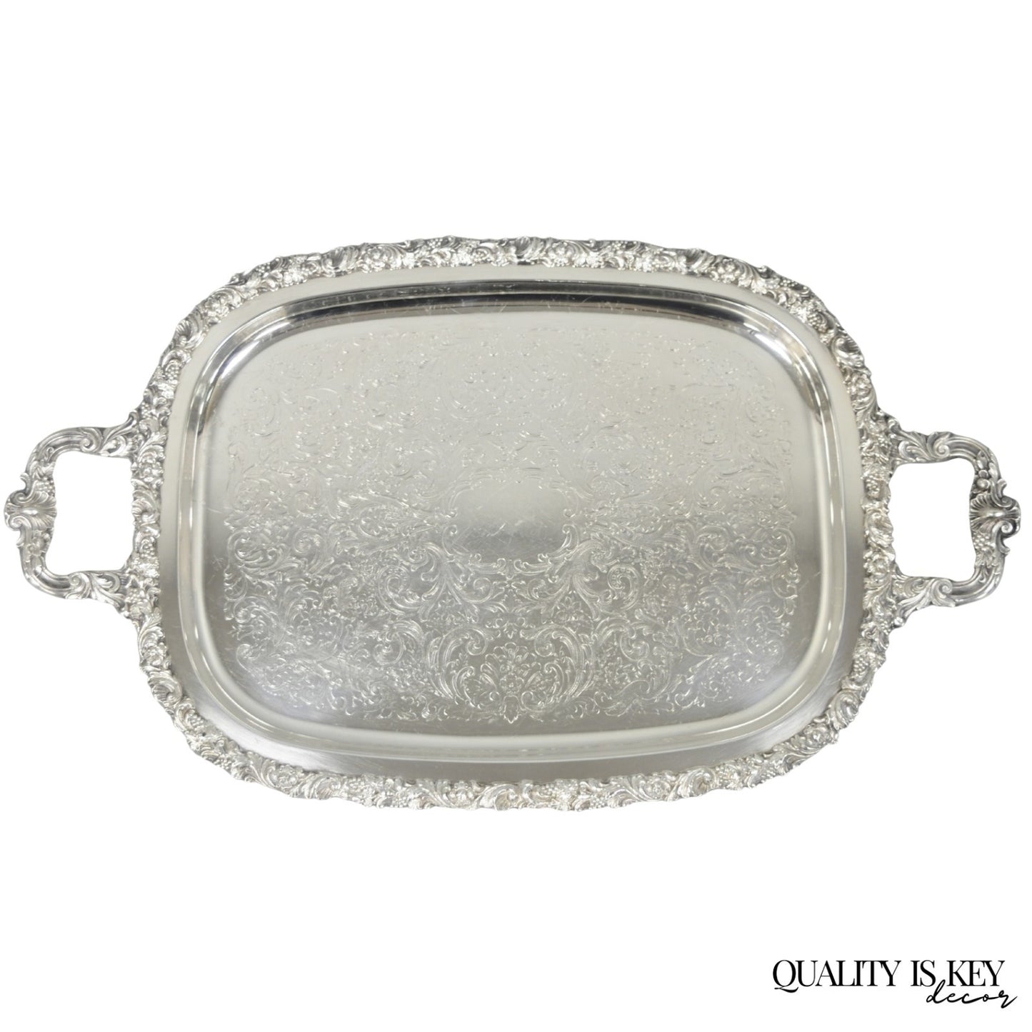 Vintage Gorham YC1466 Silver Plated Floral Repousse Bar Serving Tray w Handles