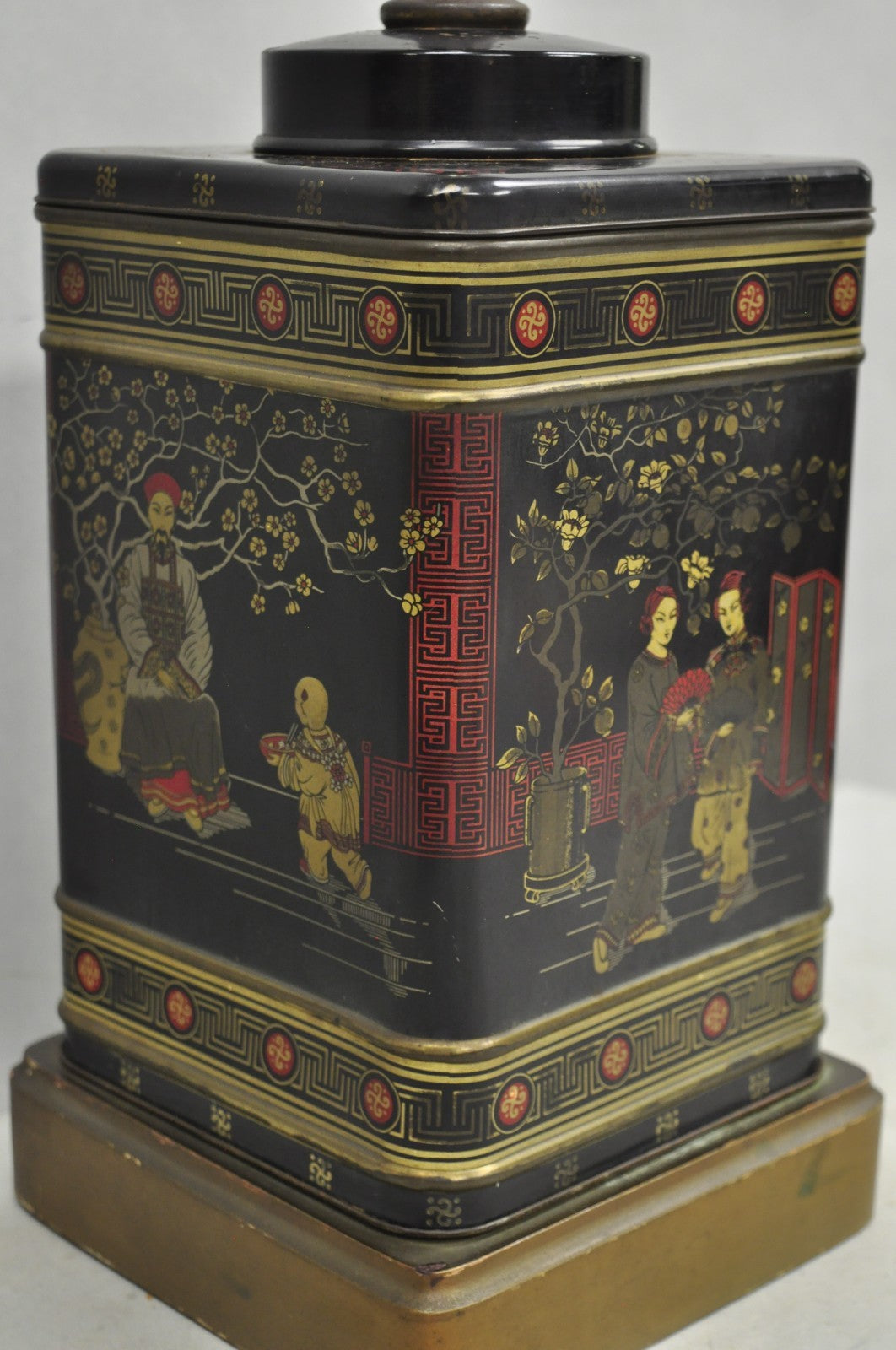 Vintage Chinoiserie English Tole Metal Tea Canister Chinese Painted Table Lamp