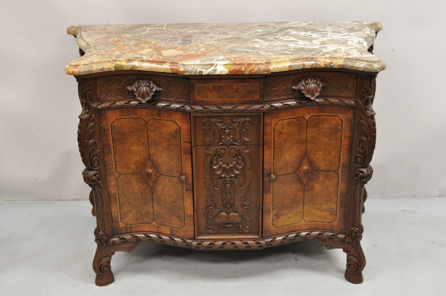 French Louis XV Baroque Style Carved Burl Walnut Rouge Marble Top Commode Server