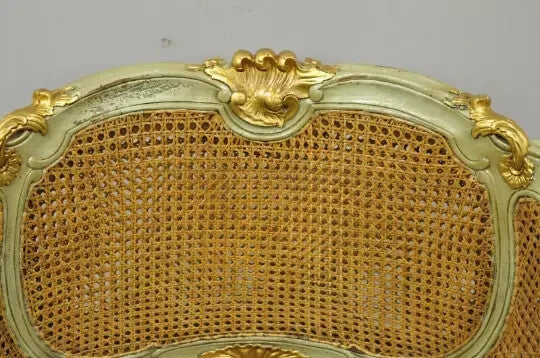 Antique French Louis XV Style Green Distressed Gold Gilt Cane Bergere Arm Chair