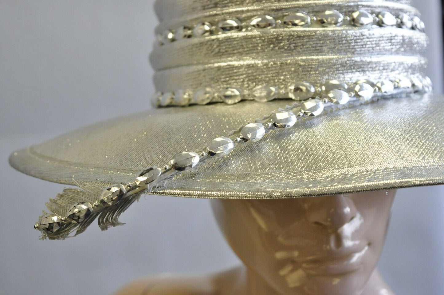 Vintage Mr. John Classic Metallic Silver Church Derby Wide Brim Hat with Feather